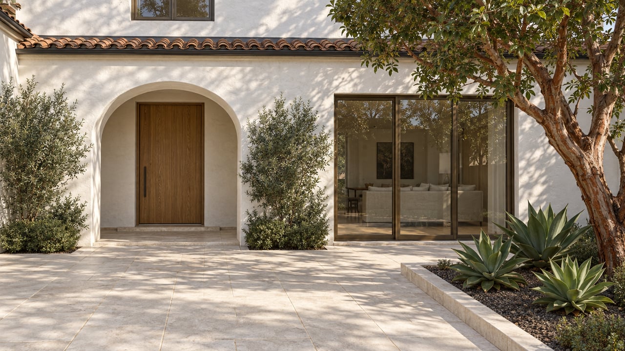 Sunlit white stucco home with an arched oak entry, bronze-framed glass doors, limestone paving and a sculptural strawberry tree.
