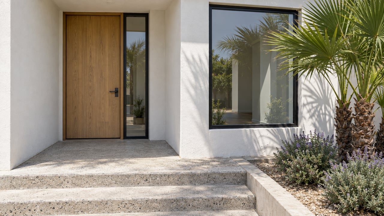 Contemporary white stucco entry with an oak door, black-framed glazing, concrete steps and a compact fan palm.