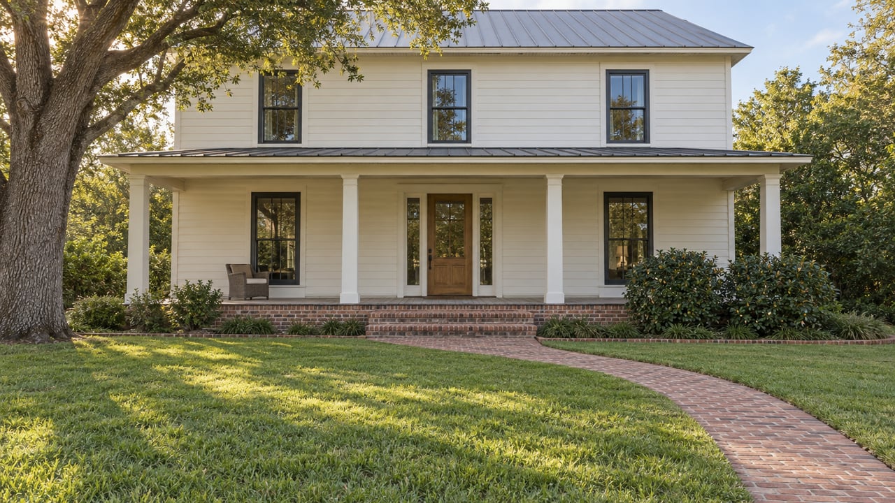 Ivory wood-sided home with a standing-seam roof and covered porch, viewed across a deep lawn beside a mature live oak.