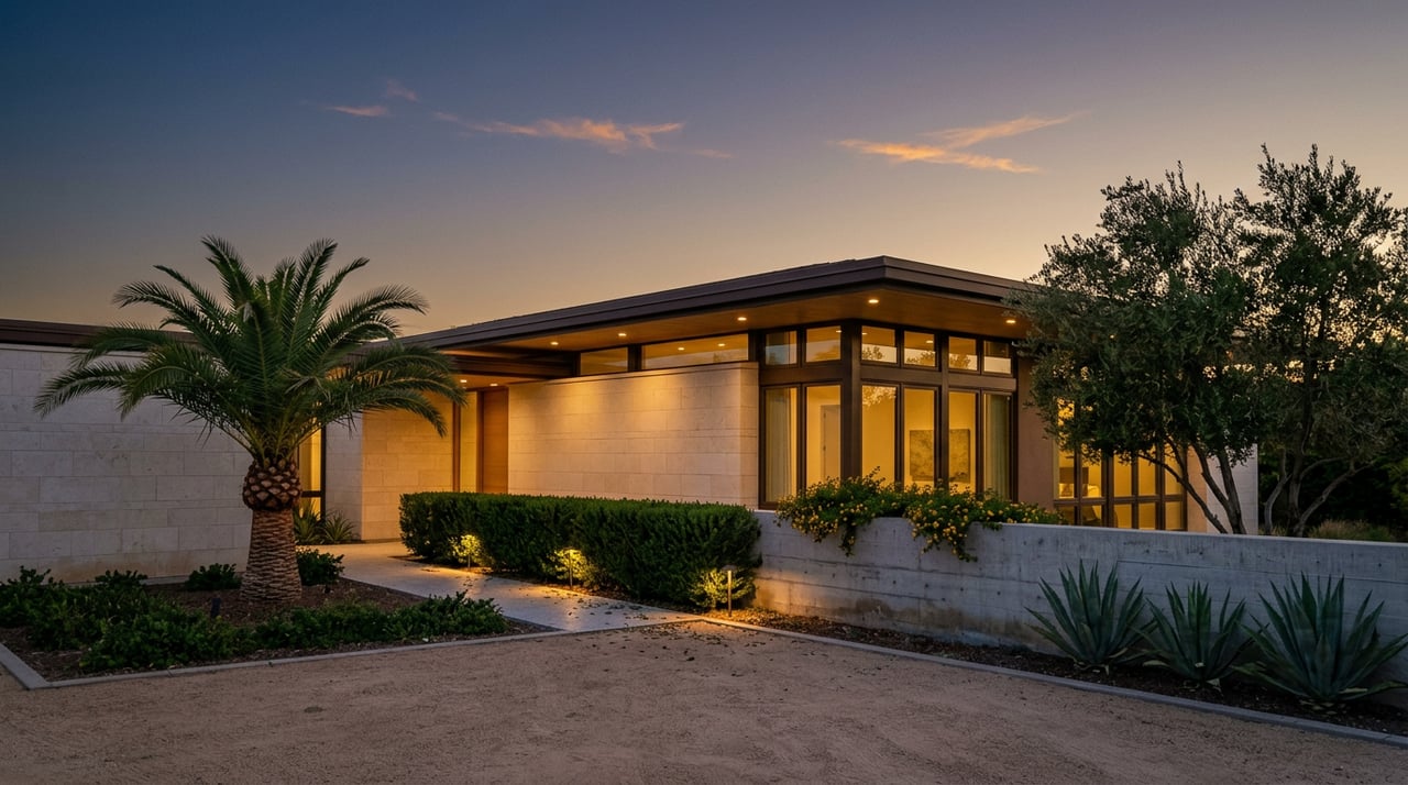 Desert-modern home at dusk, with warm glowing windows, a palm by the entry, and path lights along the granite motor court.