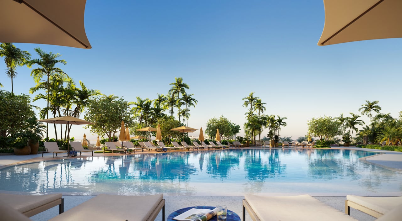 Rendering of the Miami Tropic rooftop pool beside a furnished terrace with city views