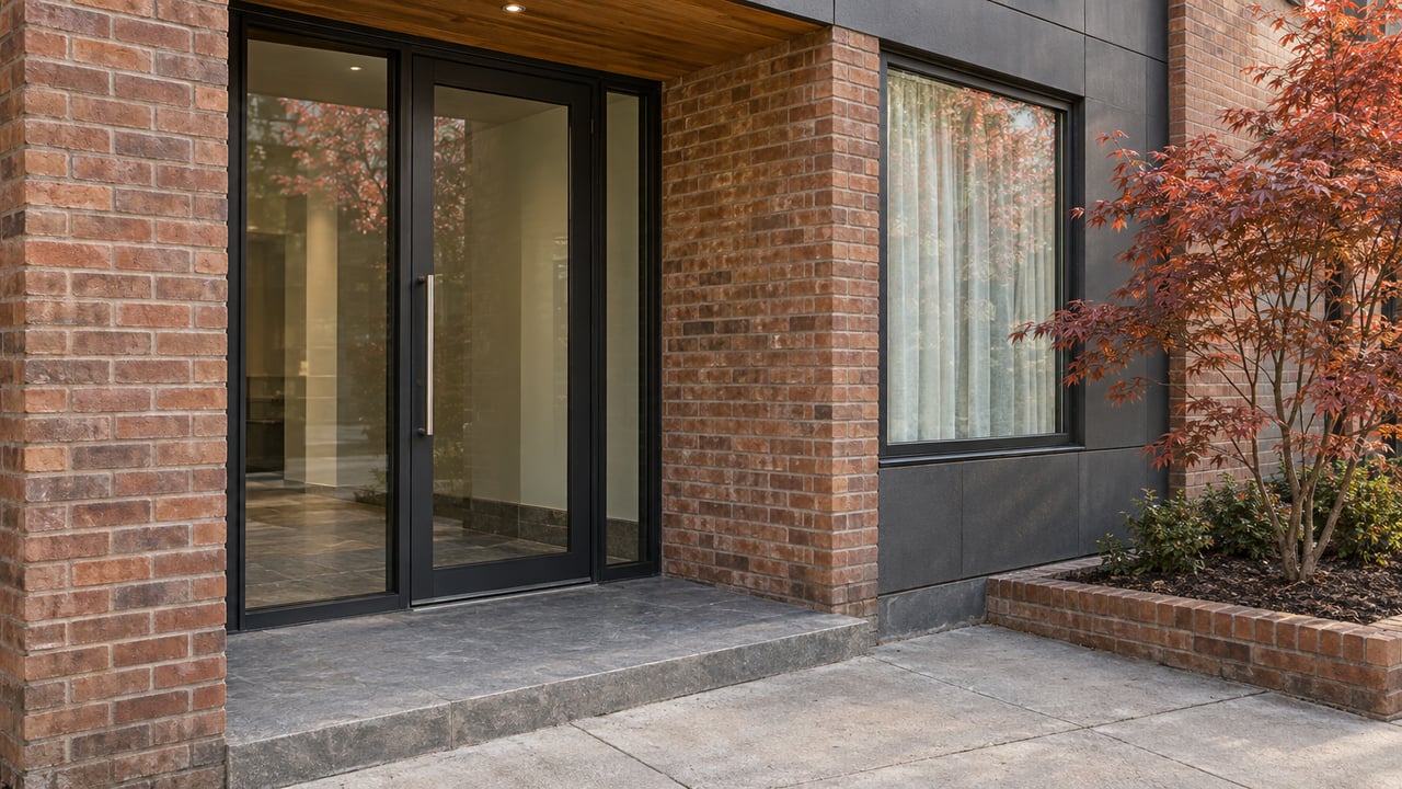 Recessed glass residential entrance with weathered brick, dark facade panels, a timber soffit and a red-leaved maple beside the sidewalk.
