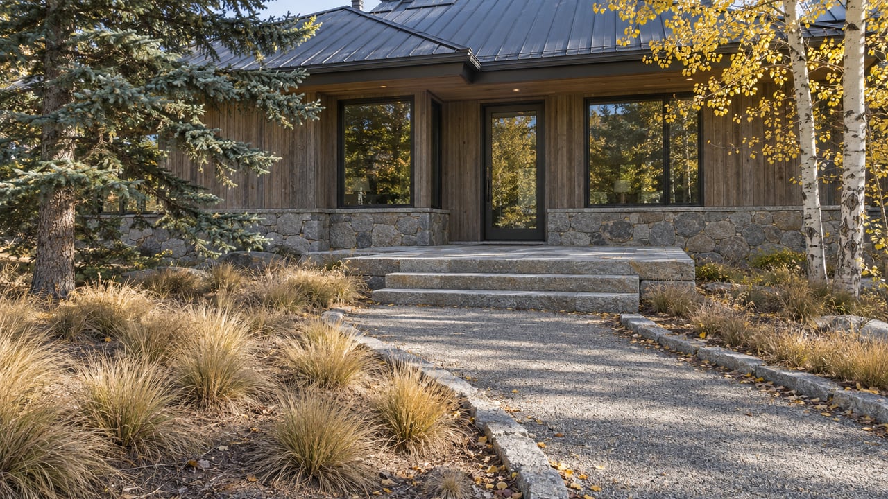 Timber-and-stone home with a granite entry approach, golden aspens, a mature spruce, and tawny meadow grasses.