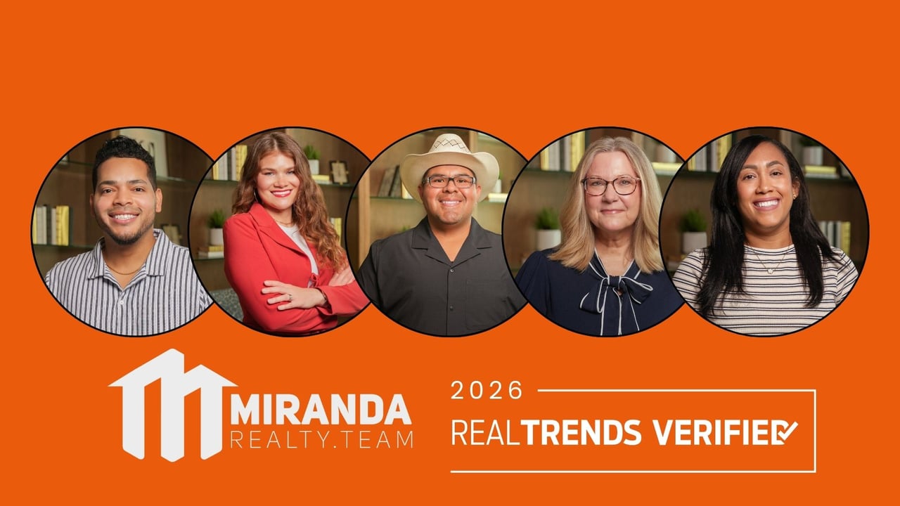 The Miranda Realty Team — Edson Miranda, Paige Miranda, Kyra Johnson, Randy, and Katherine — with the RealTrends Verified 2026 badge honoring them as one of the best real estate small teams in Argyle, Texas.