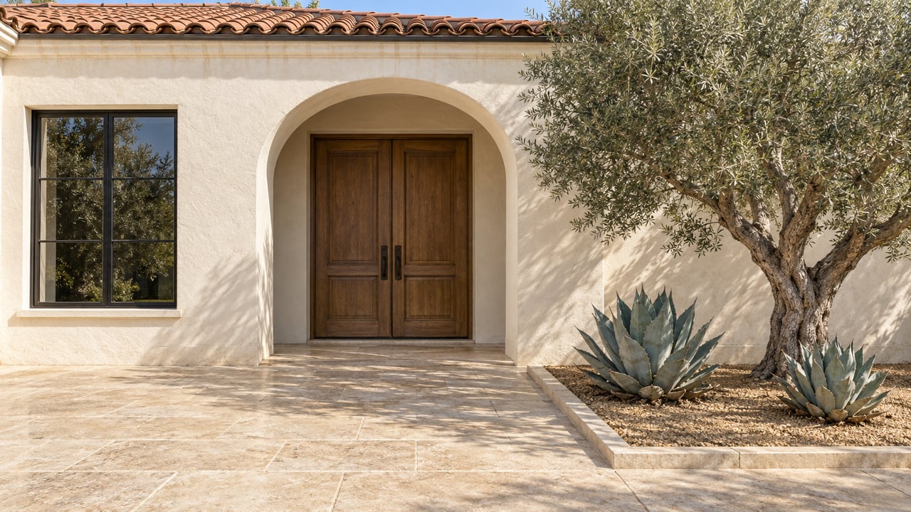An ivory stucco home with a terracotta roof, recessed arched double doors, limestone entry paving, an olive tree and two blue-gray agaves.