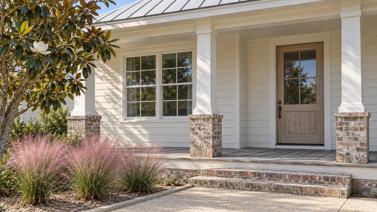 Warm-white cottage porch with pale oak entry door, silvered decking, brick steps and pink muhly grass beneath a magnolia.