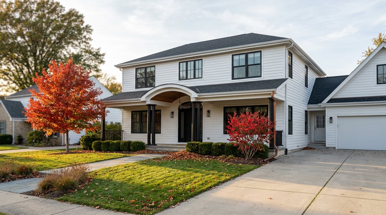 Two-story white farmhouse with an arched porch, red-orange maple, and a flagstone walk across a broad lawn.