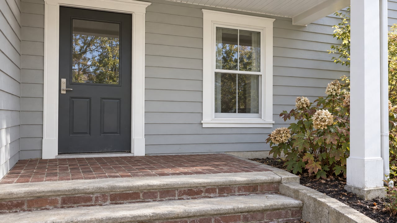 Close view of a traditional home's gray-sided porch, charcoal entry door, white-trimmed window and worn brick steps beside an oakleaf hydrangea.