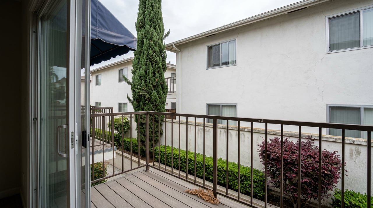 Balcony overlooking a shared courtyard, with a dark railing, cypress tree, clipped hedge, and stucco apartments.