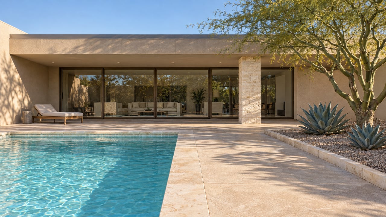 Low single-story home with bronze-framed glass doors, a limestone-edged pool, tan terrace, and a branching green-trunk tree in clear afternoon light.