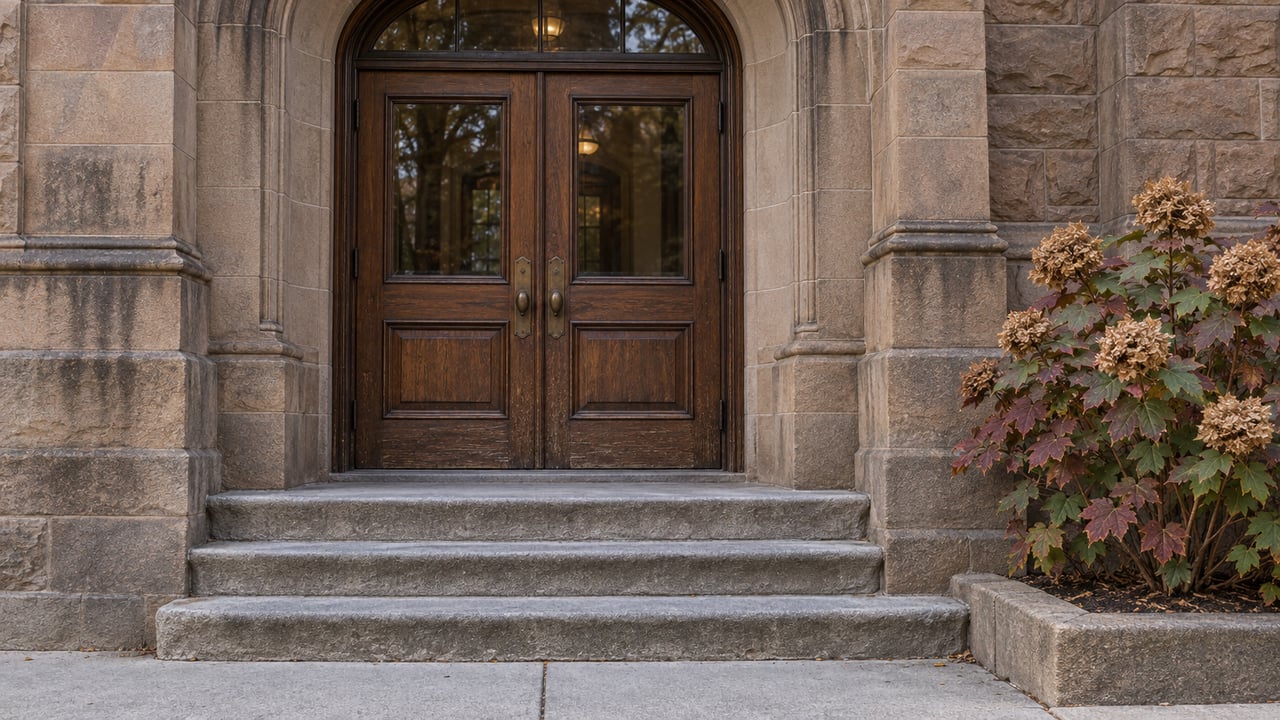 Weathered sandstone townhouse entrance with paired dark oak doors, broad limestone steps and an autumn oakleaf hydrangea beside a stone planting curb.