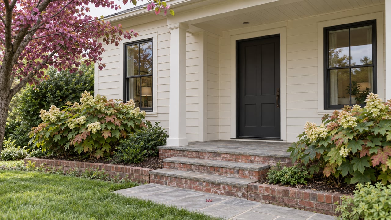 Off-white cottage with a recessed charcoal door, brick steps, sash windows, and a redbud tree framing the eaves.