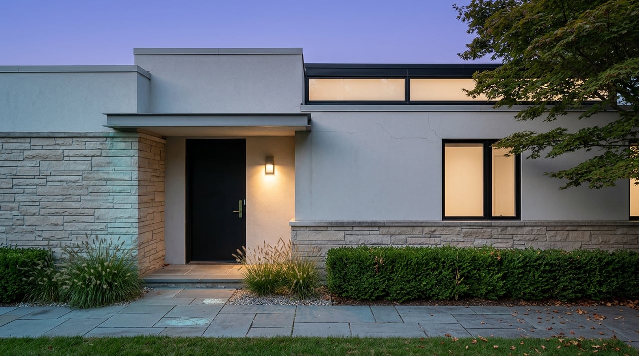 Stone-and-stucco entry glows at dusk beside a black steel door and bluestone walkway.