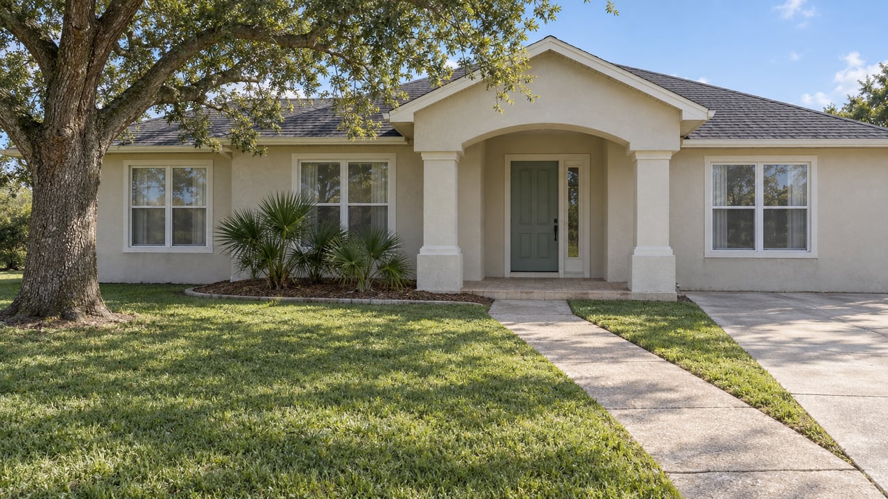 Cream stucco home with a shaded arched porch, mature live oak and broad green front lawn in afternoon light.