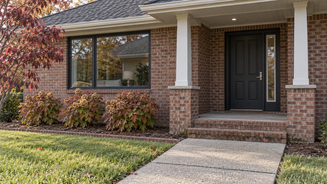 Late-autumn light falls across a brick home's covered entry, concrete walk, and oakleaf hydrangeas.