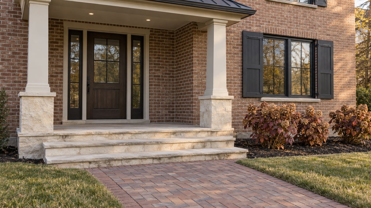 Covered brick entry with limestone steps, a dark oak door, black shutters and autumn oakleaf hydrangeas beside a paver walk.