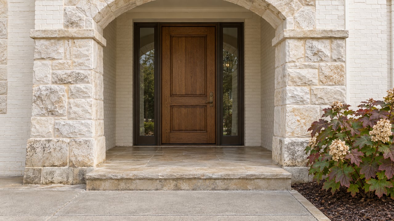 Cream limestone arch frames a recessed oak front door with two glazed sidelights above a worn stone landing and oakleaf hydrangea.