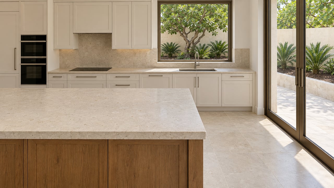 Sunlit luxury kitchen with an ivory stone island, warm oak paneling, white cabinetry and bronze-framed glass doors opening visually onto a planted terrace.