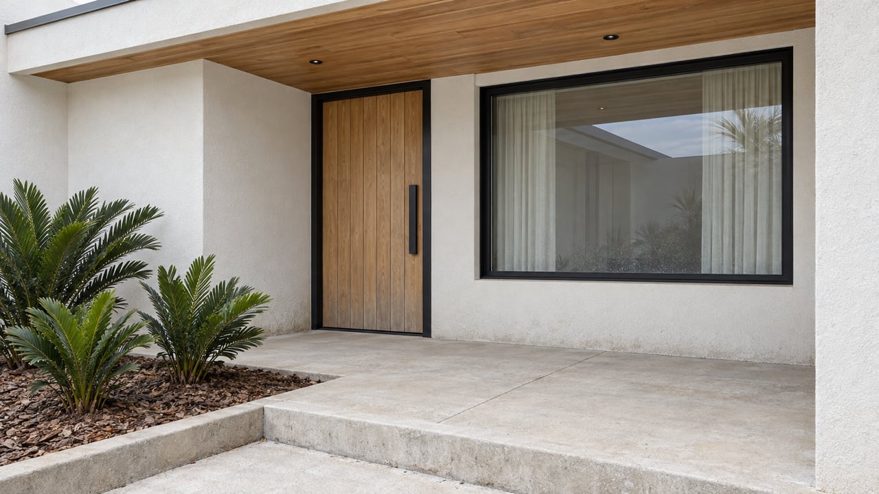 Covered home entry with white stucco, a vertical wood door, black-framed window and three coontie plants beside a concrete step.