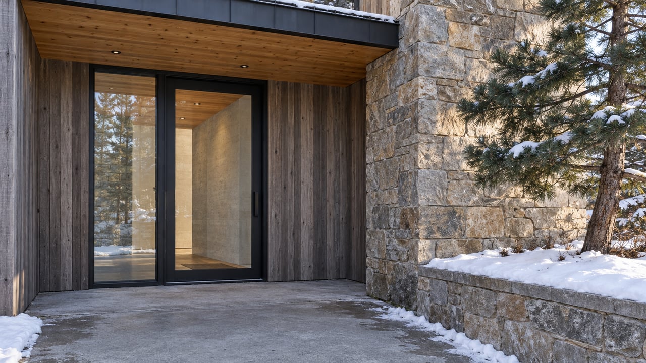 Snow-lined concrete approach to a sheltered cedar and stone home entrance, with closed glass doors and a sculptural pine.