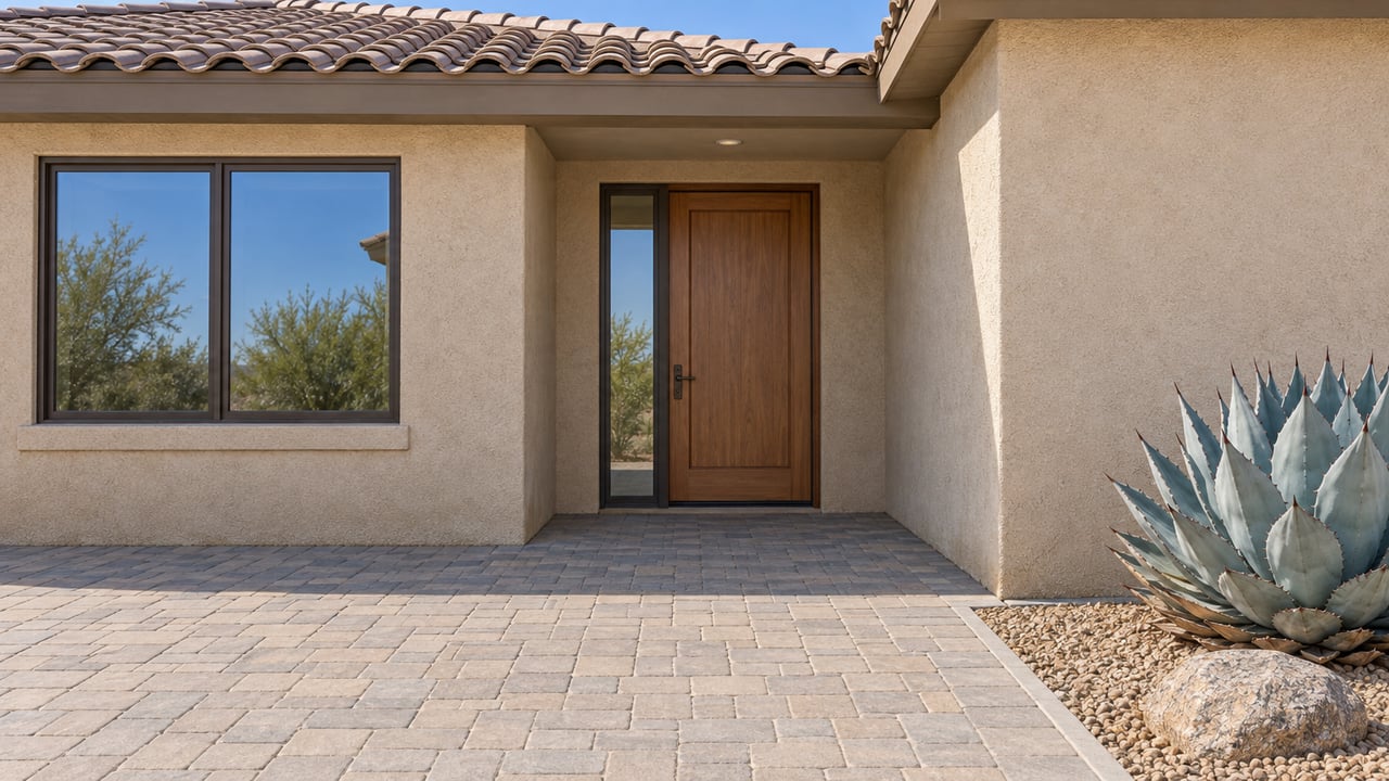Southwestern home entry with a wood door, paved courtyard, and large agave.