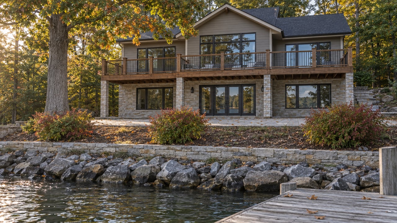 Waterfront home with a cedar deck above a stone shoreline, viewed from a weathered dock.