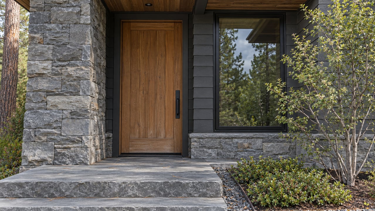 Cedar entry door beside a ledgestone pier and black-framed window, above a bluestone step and planted bed.