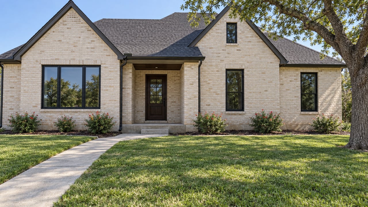 Cream-brick home with steep charcoal rooflines, black-framed windows, a deep front lawn and a mature oak beside the entry approach.