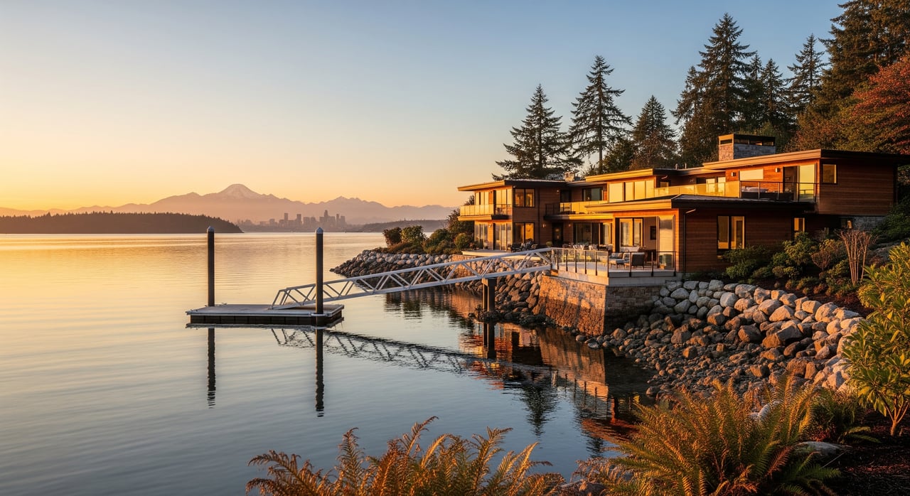 Modern waterfront home on Bainbridge Island with a dock and view of mountains and Seattle