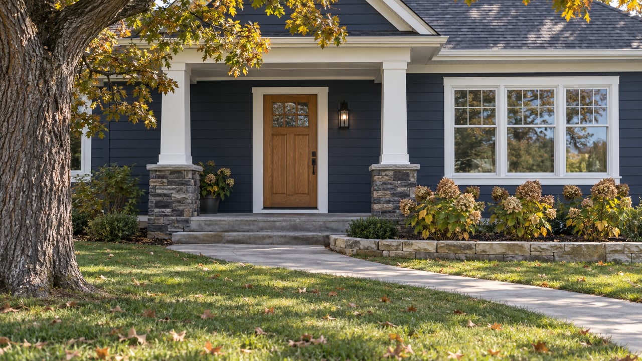 Navy-sided home with a covered white-columned porch, oak front door, mature bur oak and an open front lawn.