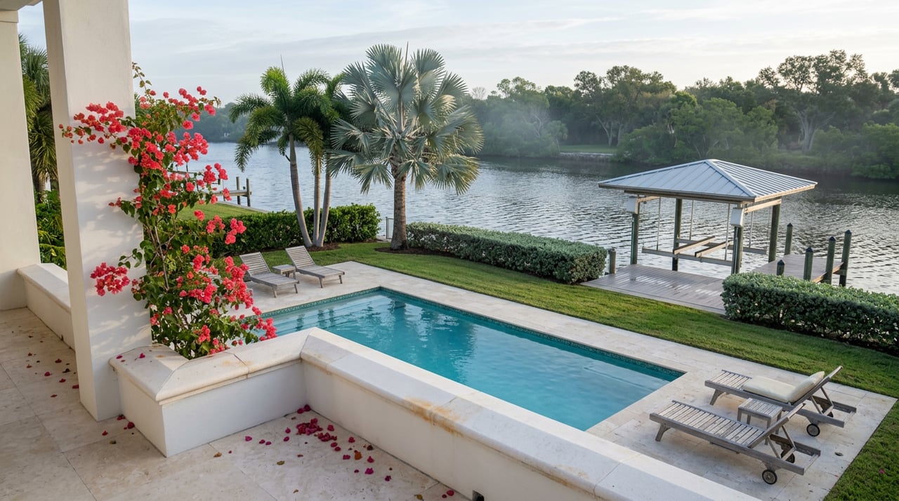 Pool terrace with teak loungers, tropical palms, and a wood dock extending into a private canal.