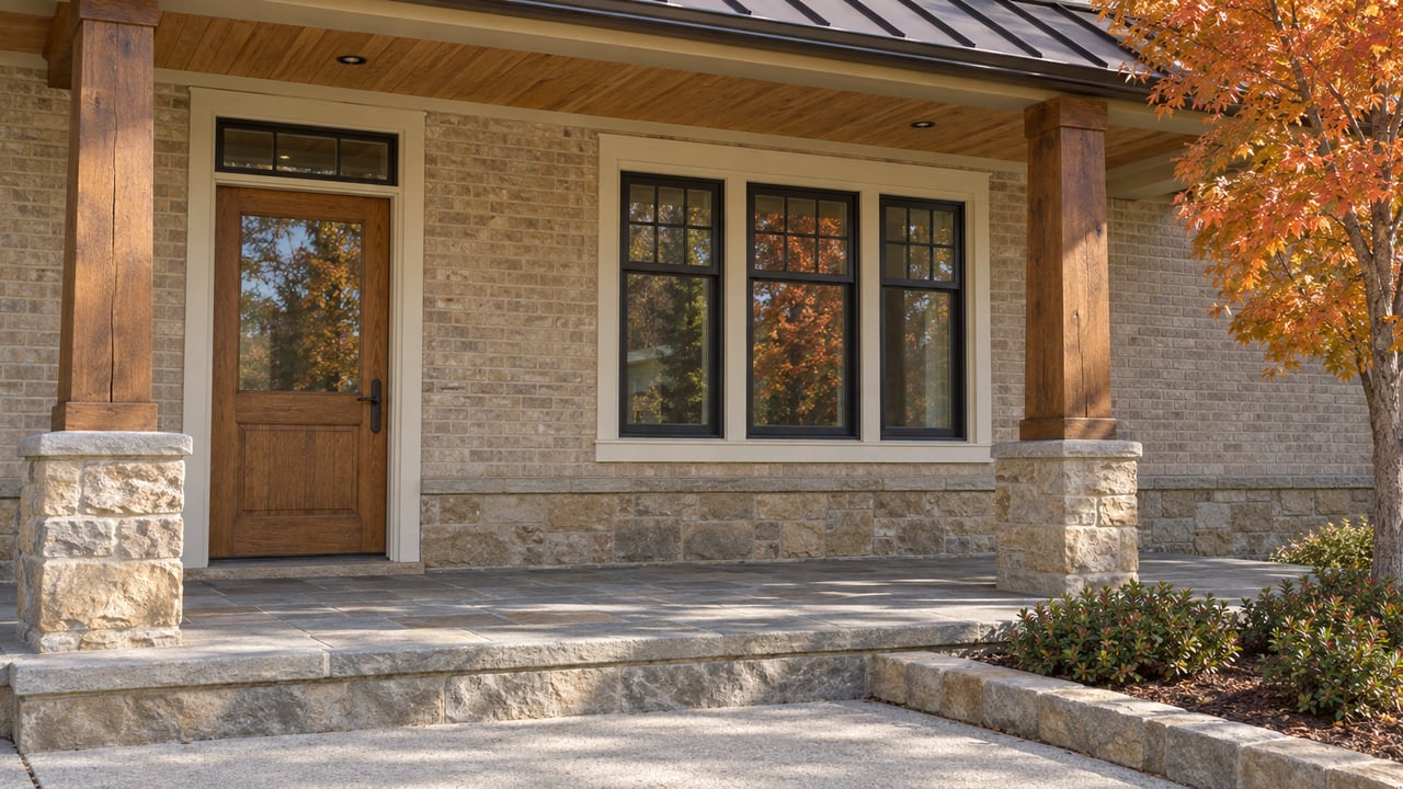 Sunlit covered entry of a brick home with timber porch posts, sandstone steps and an orange-leaved maple.
