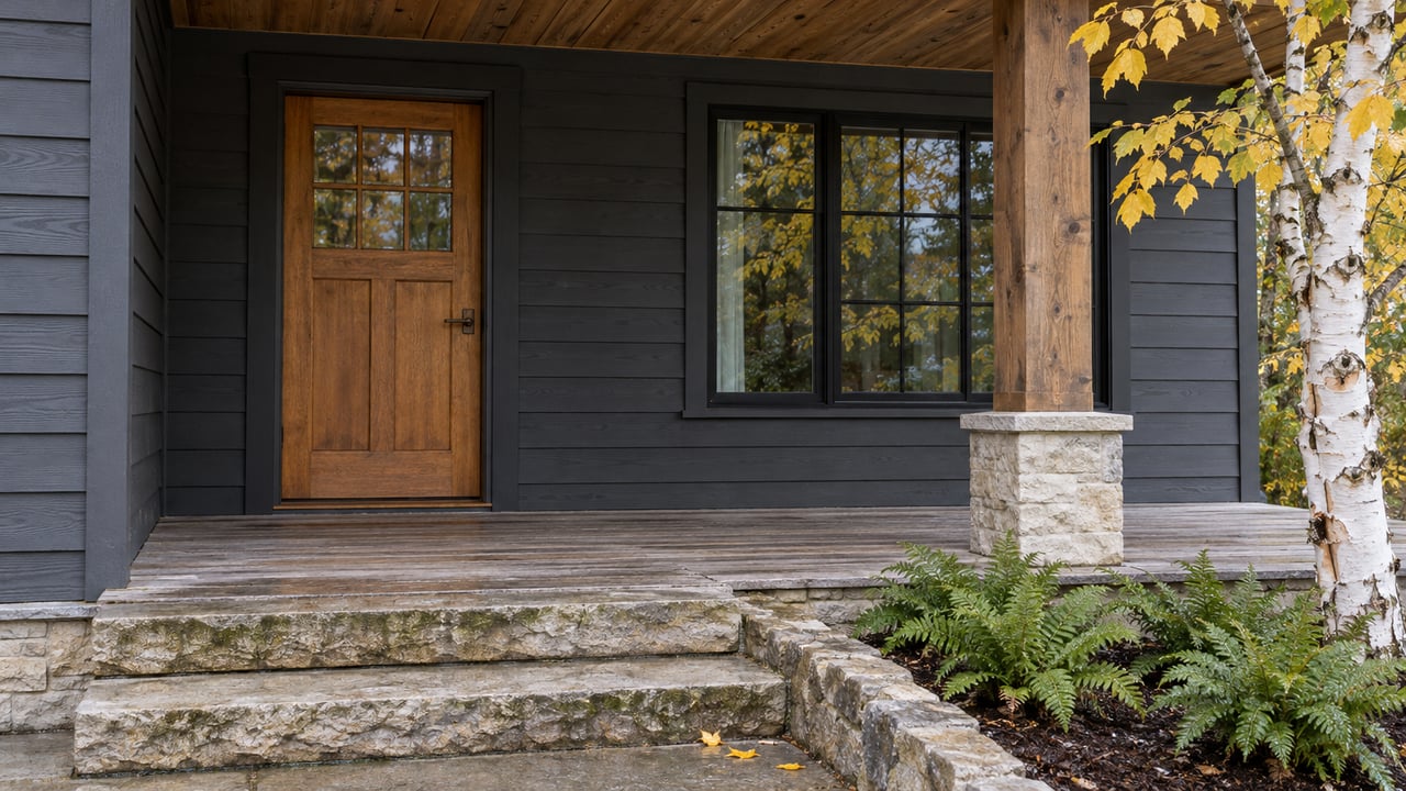 Covered cottage porch with a wood front door, charcoal siding, limestone steps and a yellow-leaved paper birch.