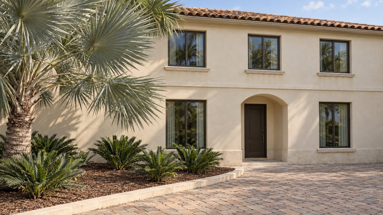 Two-story cream stucco condominium with a tiled roof, arched entry, paver approach, and palm-framed planting bed.