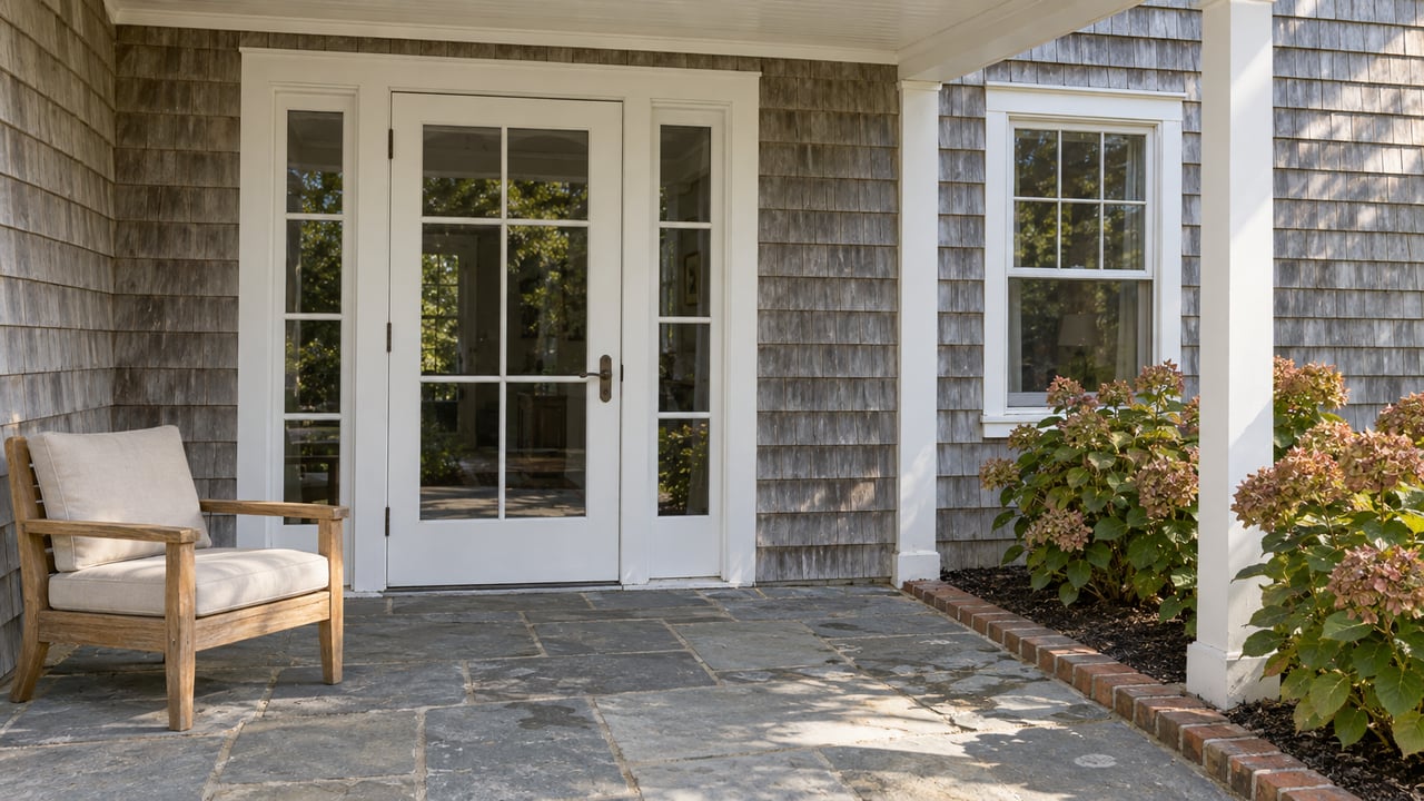 Weathered cedar-shingle home with a white glazed entry, teak chair, bluestone terrace and faded autumn hydrangeas.
