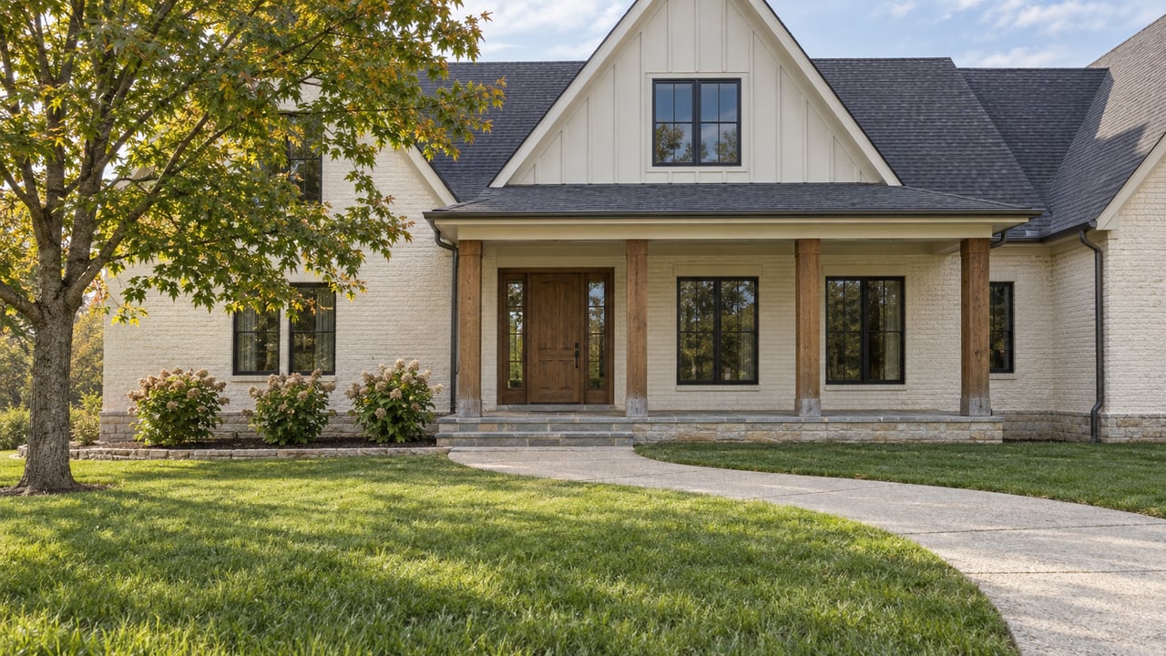 Painted-brick home with a timber-post porch, black-framed windows and a deep lawn beside a mature sugar maple.