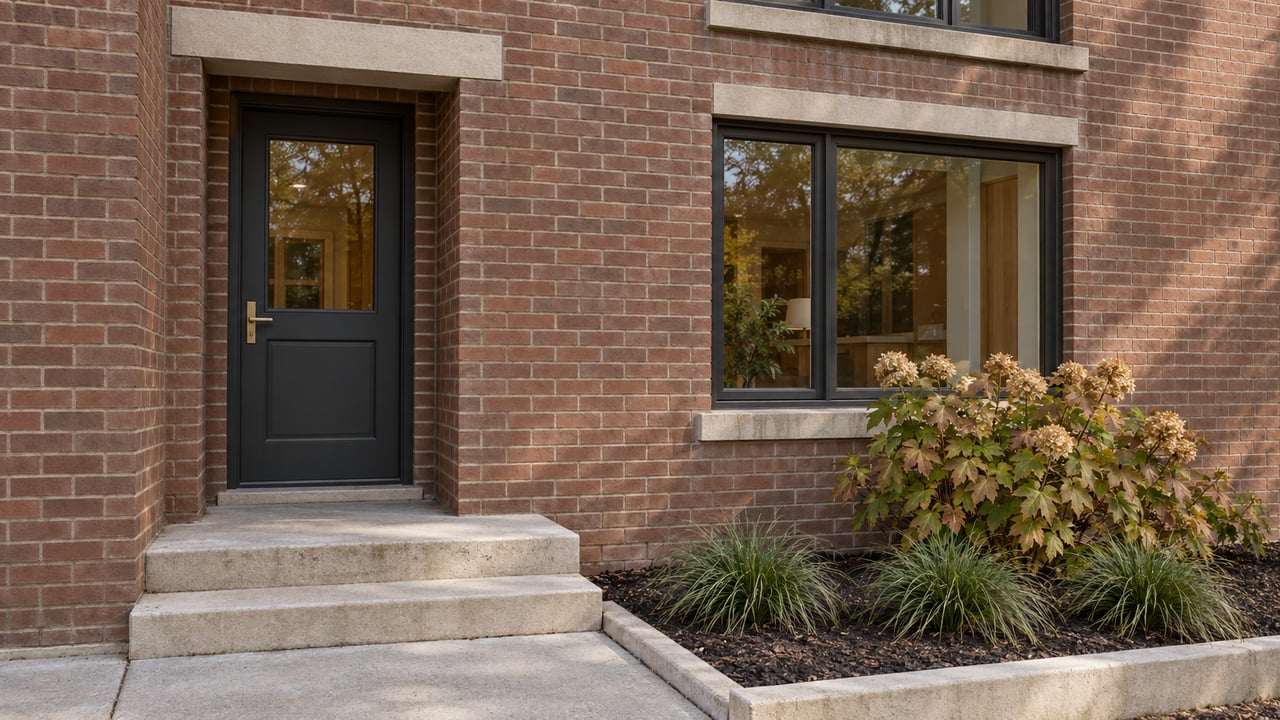 Red-brown brick home entrance with a charcoal door, bronze-framed window, limestone steps and an oakleaf hydrangea beside the walk.