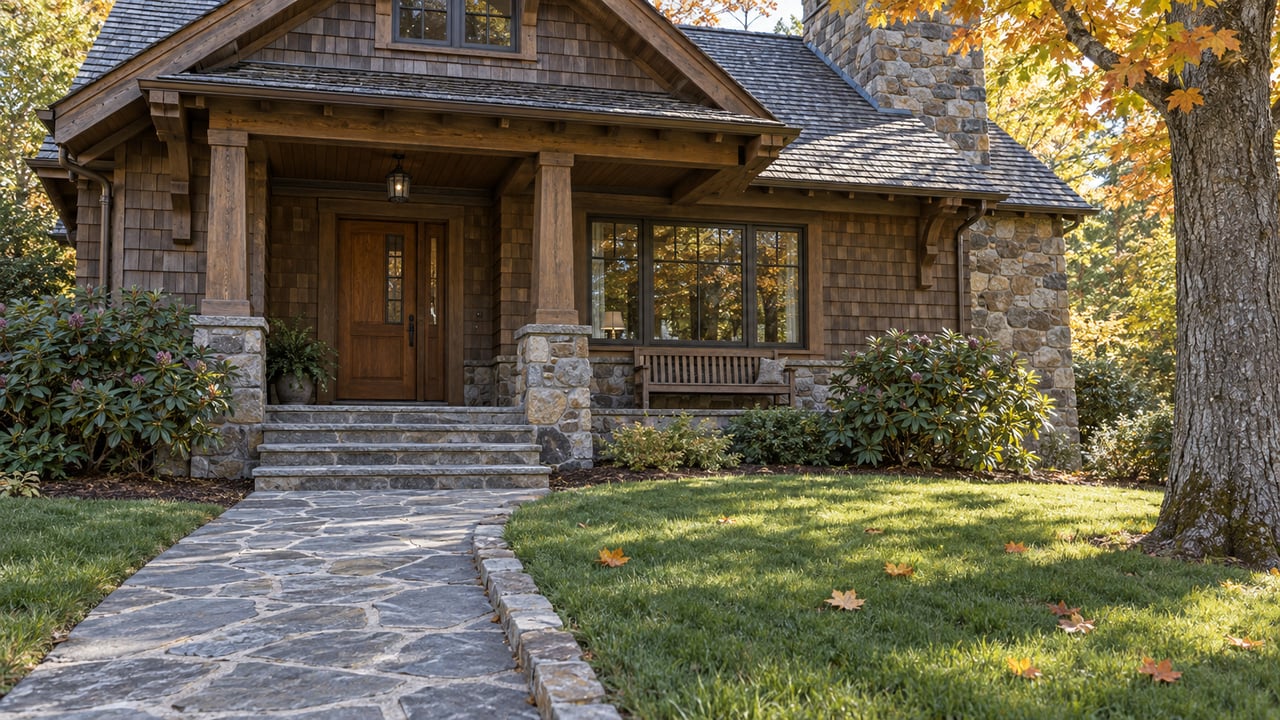 Rustic home with stone walkway, covered porch, and autumn trees.
