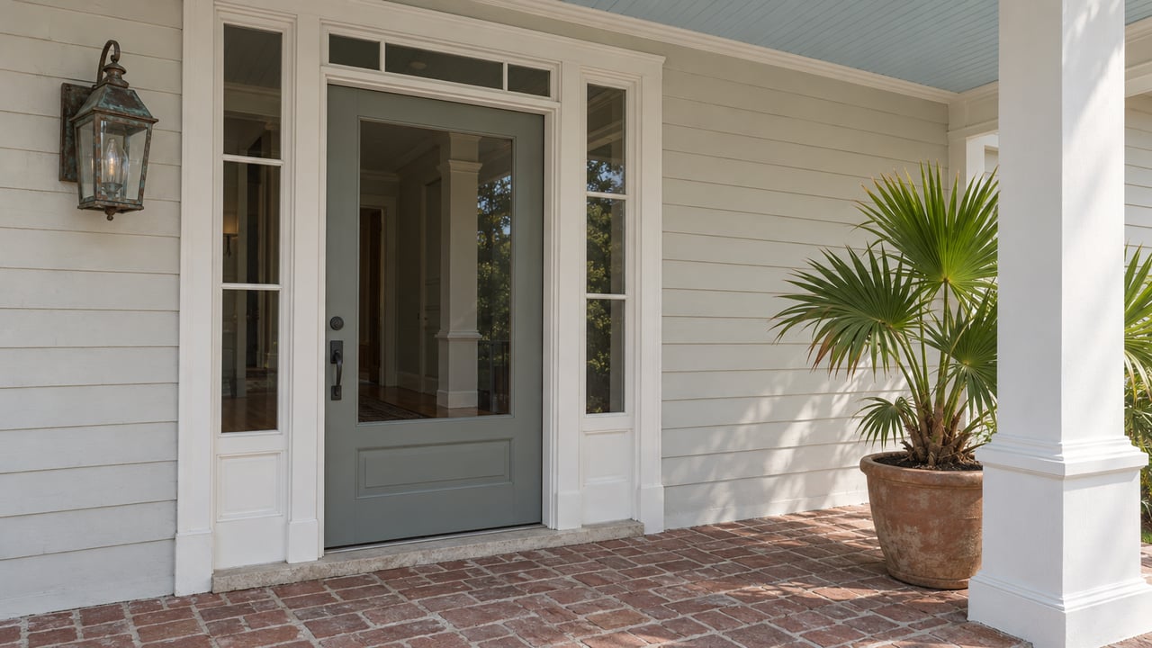 Oyster-painted wood entrance with gray-green glazed door, paired sidelights, weathered brick porch and a potted dwarf palmetto.