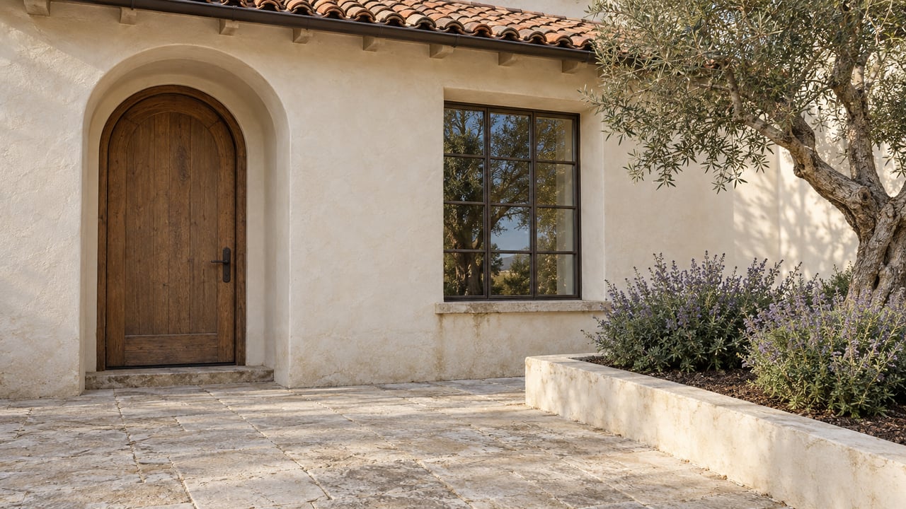 Detached stucco house with an arched oak door, multi-pane window, and olive tree beside a limestone approach.