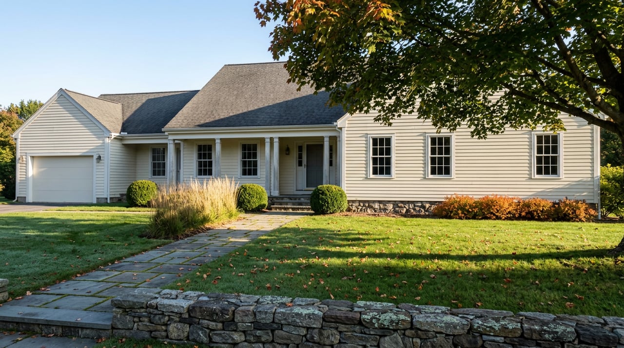 Cream clapboard home with attached garage behind a broad lawn, flagstone path, and fieldstone wall beneath an autumn maple.