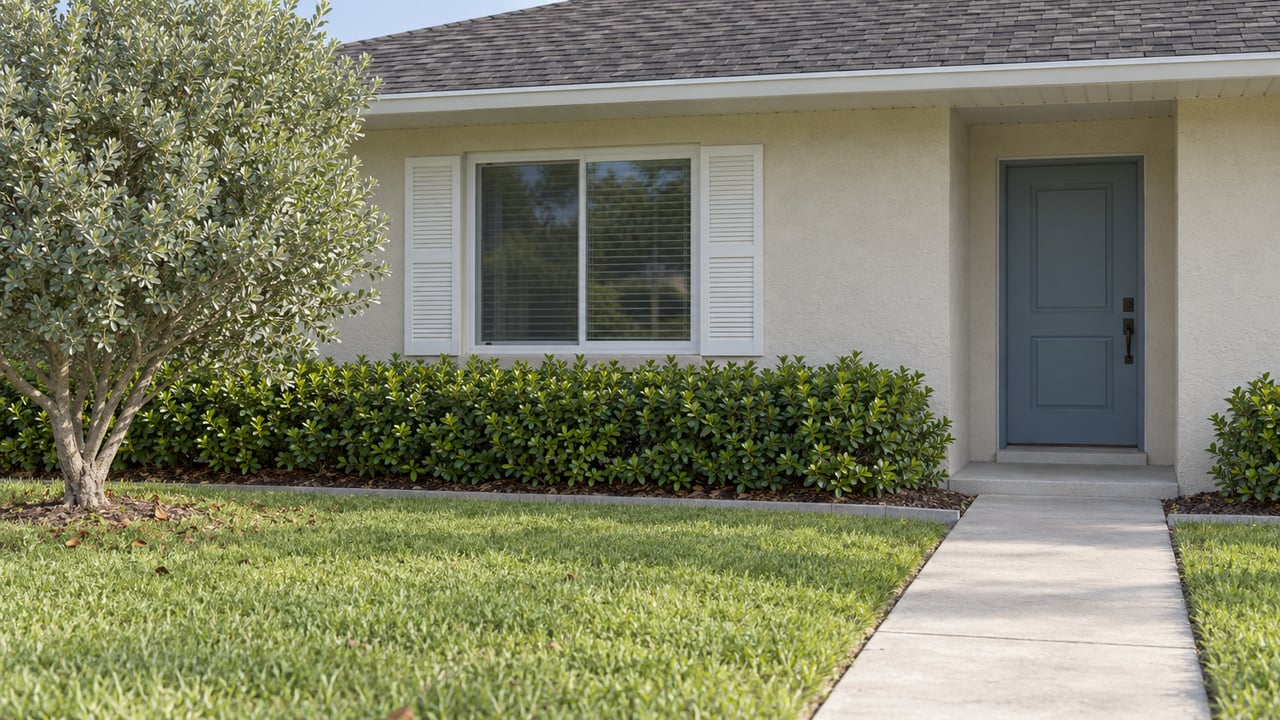 Single-story stucco ranch with a muted blue door, white-shuttered window, lawn, and concrete walkway.