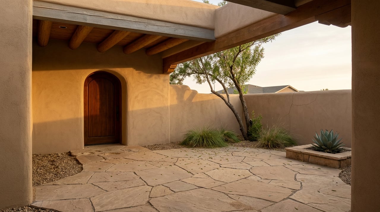 Stucco home's arched entry opens onto flagstone court, framed by desert willow and agave.