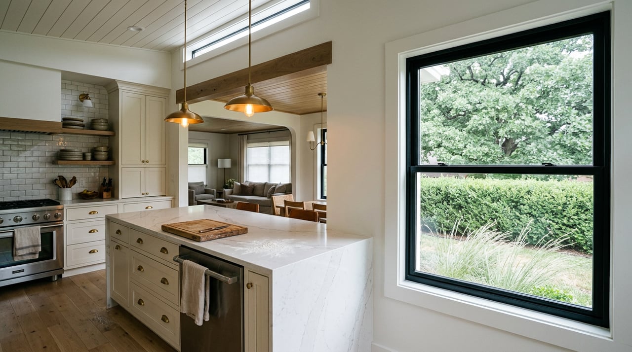 Open-concept kitchen with a veined quartz island, brass pendants, shaker cabinets, and an oak canopy beyond the window.