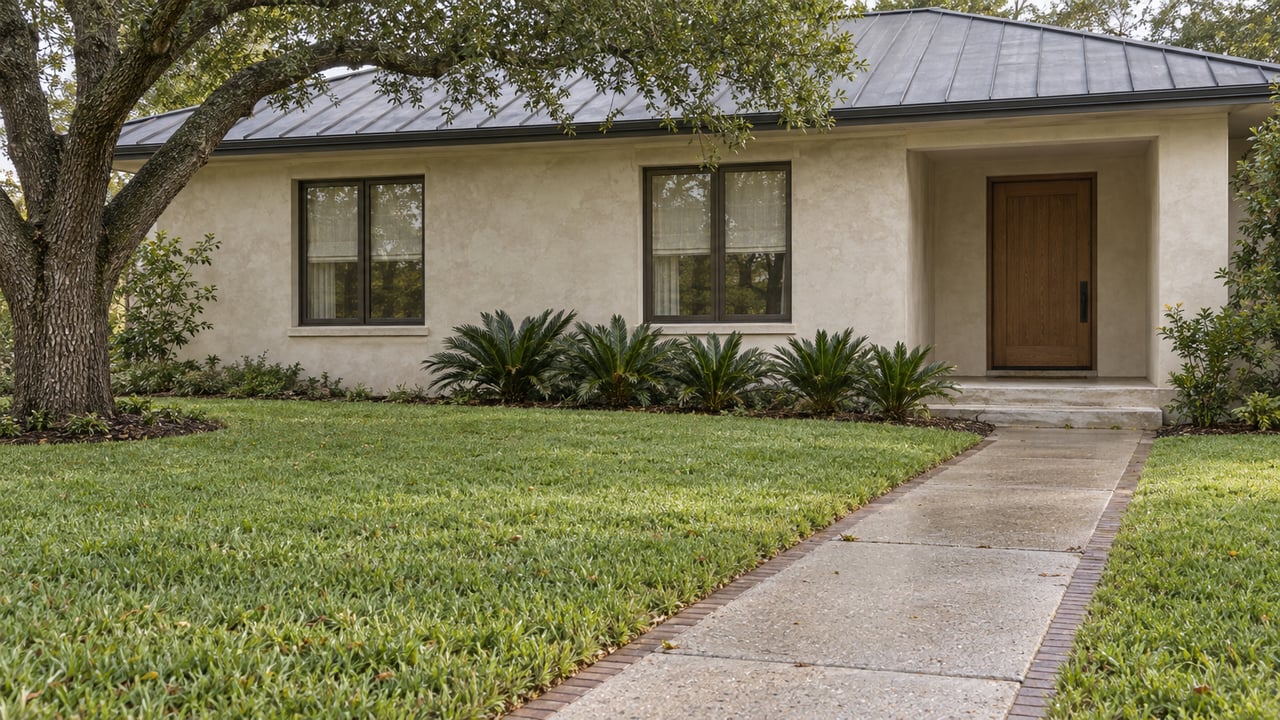 Sand-colored stucco house with a charcoal roof, oak entry door, brick-edged walk, and rain-flattened lawn.