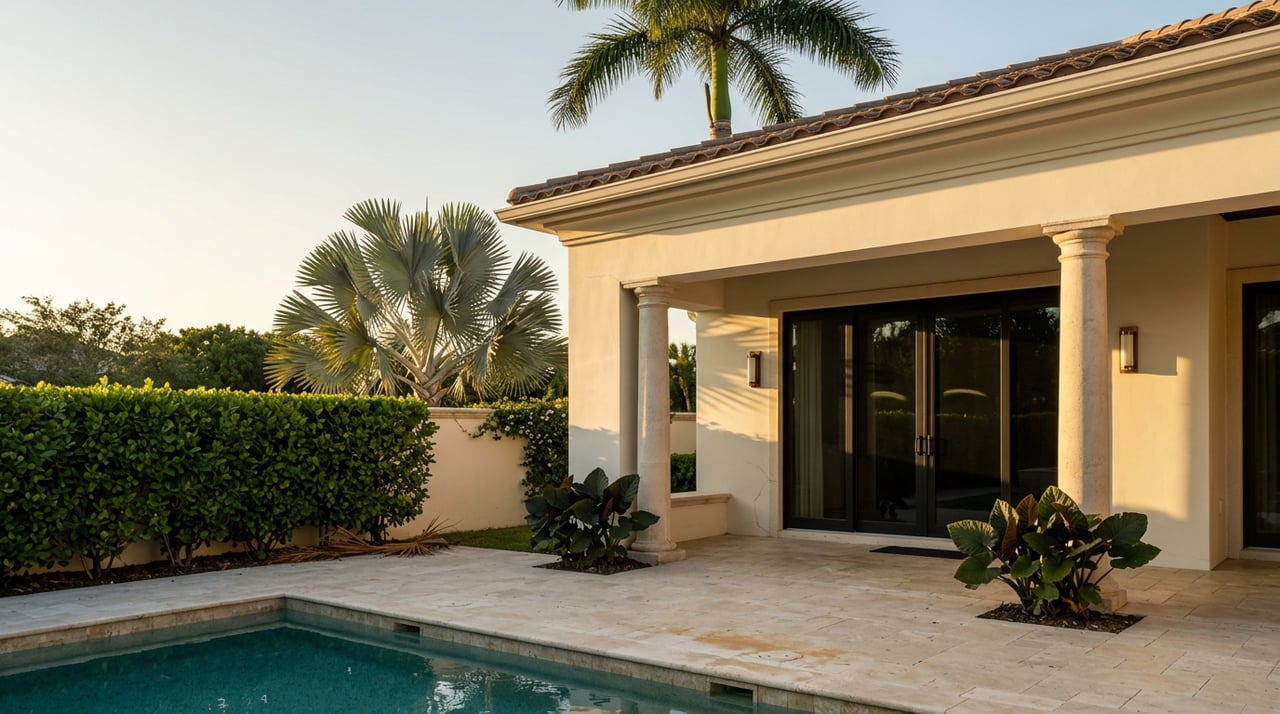 Mediterranean-style stucco loggia with stone columns beside a turquoise pool, framed by palms and broad-leaf plants.