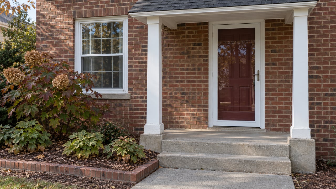 Brick home's covered red-door entry with white posts, worn concrete steps, and autumn oakleaf hydrangea beside a divided-light window.