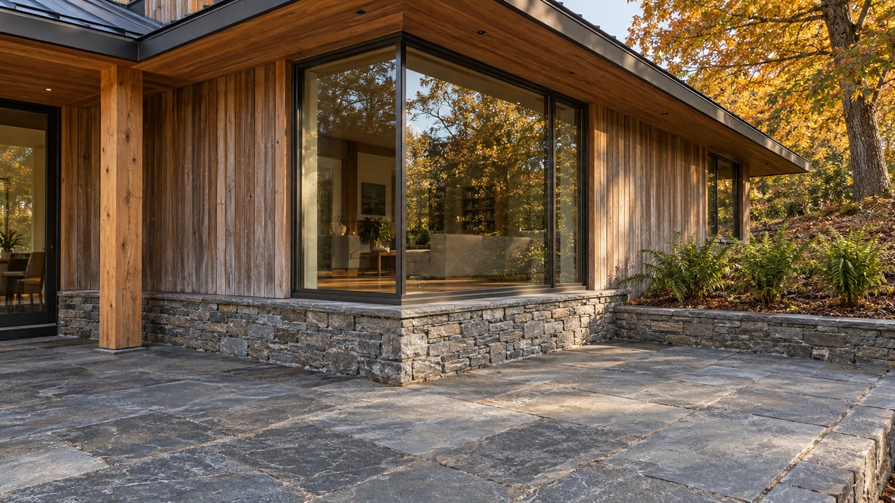 Warm afternoon light on cedar siding, a stone foundation, and corner windows above a slate terrace with autumn maple foliage.