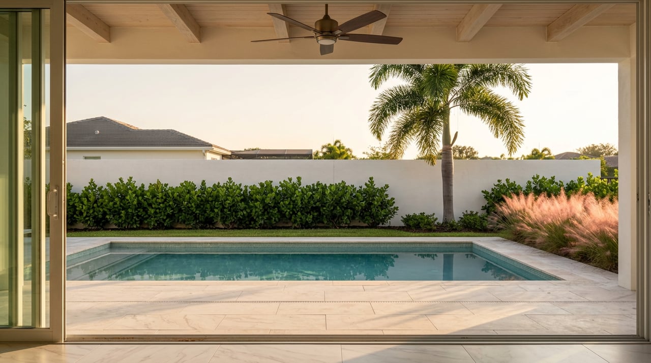 Covered lanai opening onto a blue-green tiled pool, with a royal palm and pink muhly grass beyond the deck.