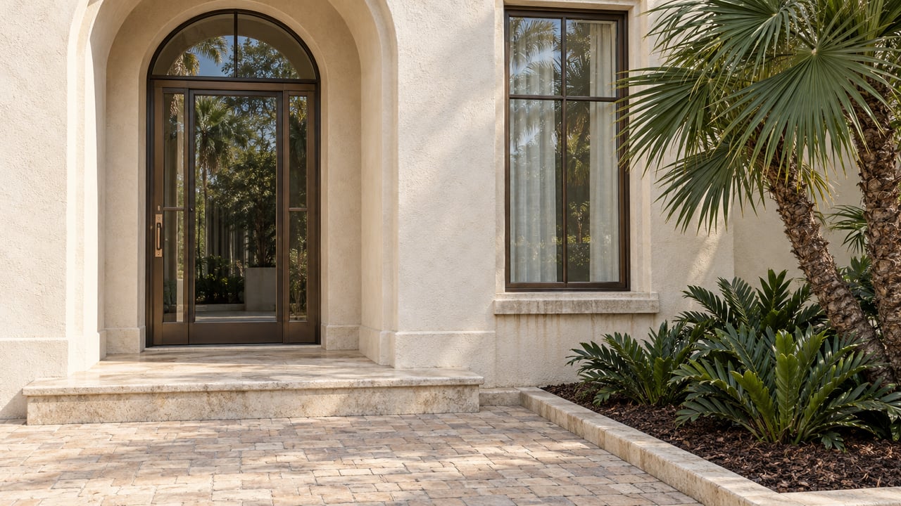 Pale stucco home entrance with bronze-framed glazing, worn limestone steps, sand-colored courtyard pavers, and sculptural saw palmetto planting.